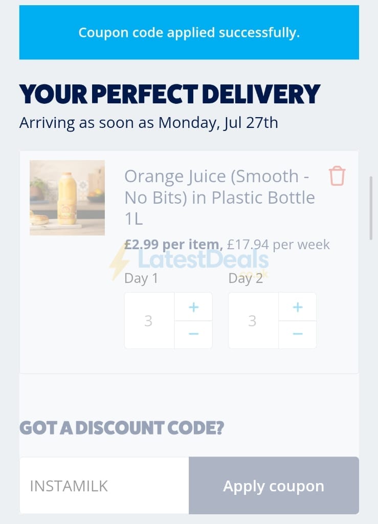 Screenshot of the McQueens Dairies discount code working