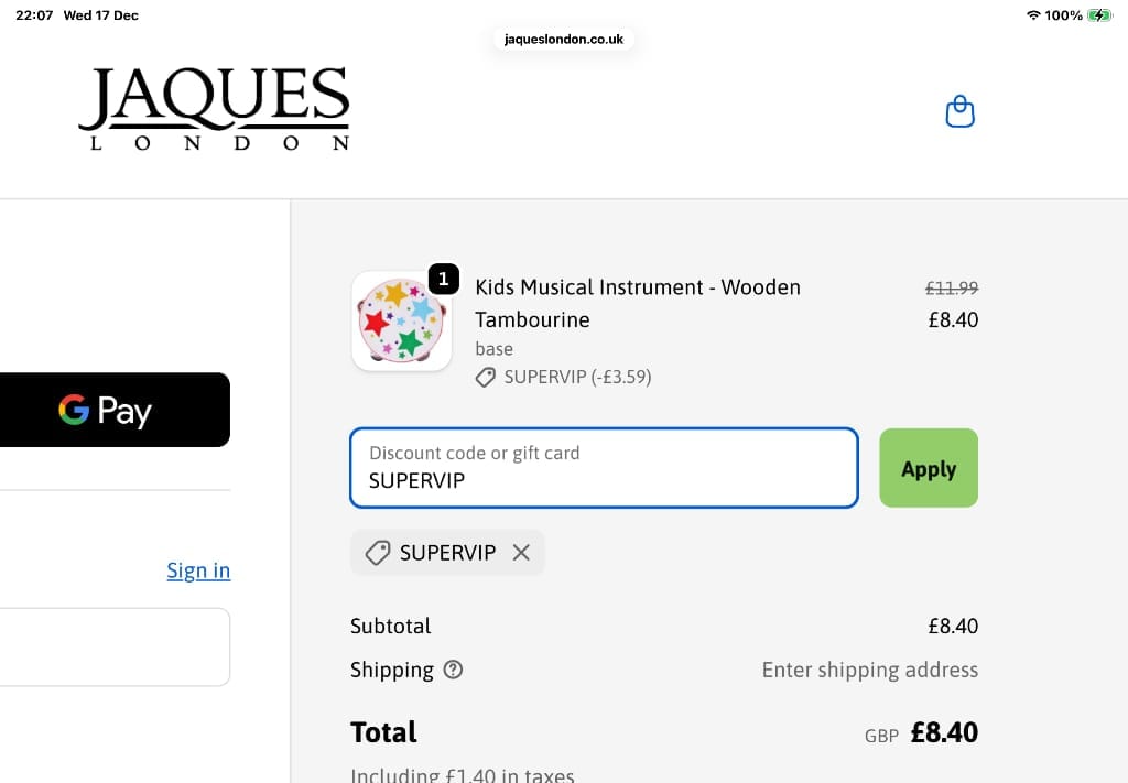 Screenshot of the Jaques London discount code working
