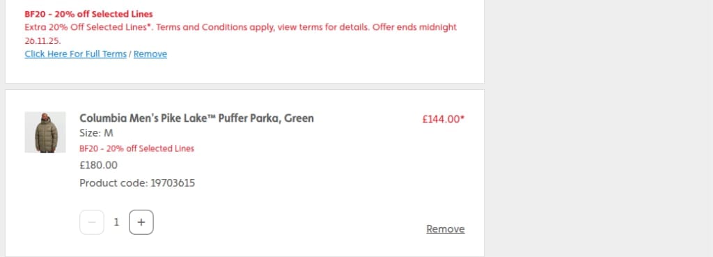 Screenshot of the Millets discount code working