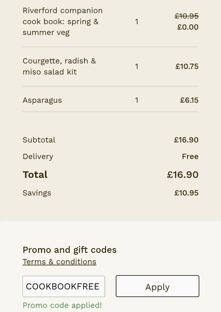 Screenshot of the Riverford discount code working