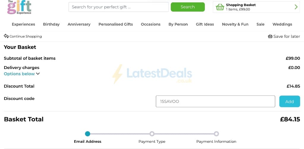 Screenshot of the The Gift Experience discount code working