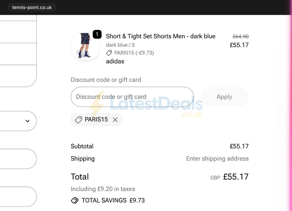 Screenshot of the Tennis Point discount code working