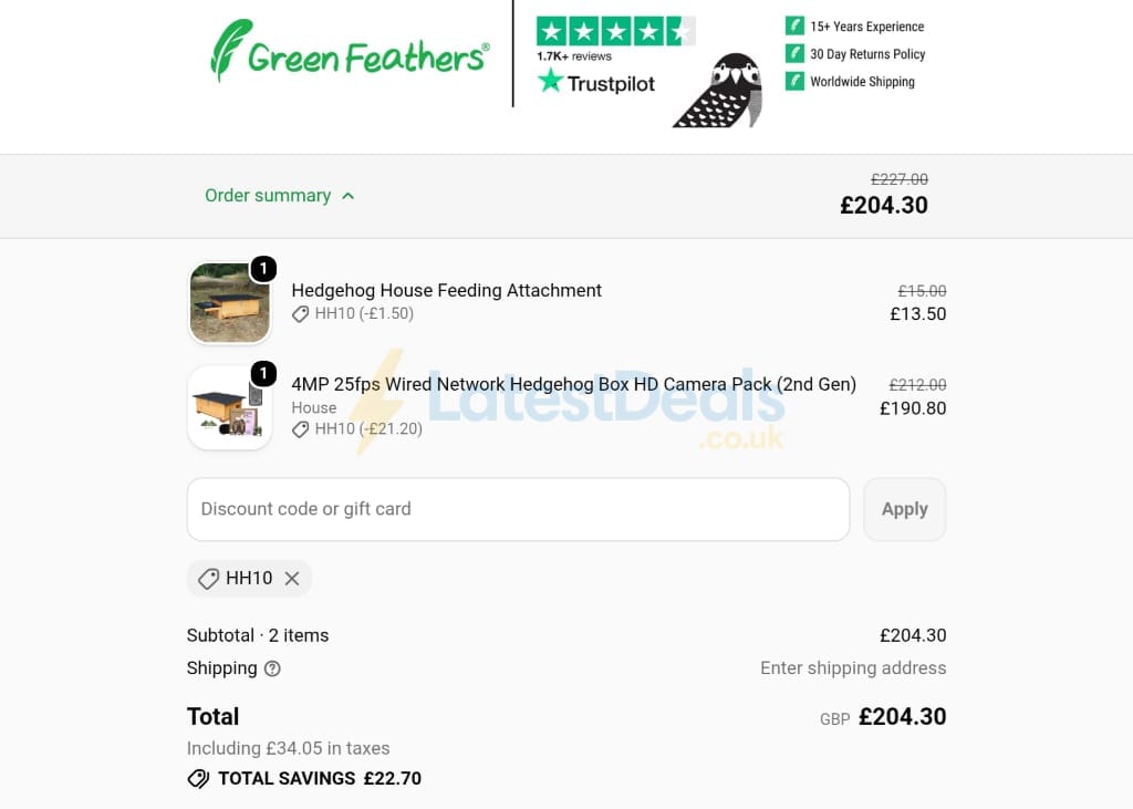 Screenshot of the Green-feathers discount code working