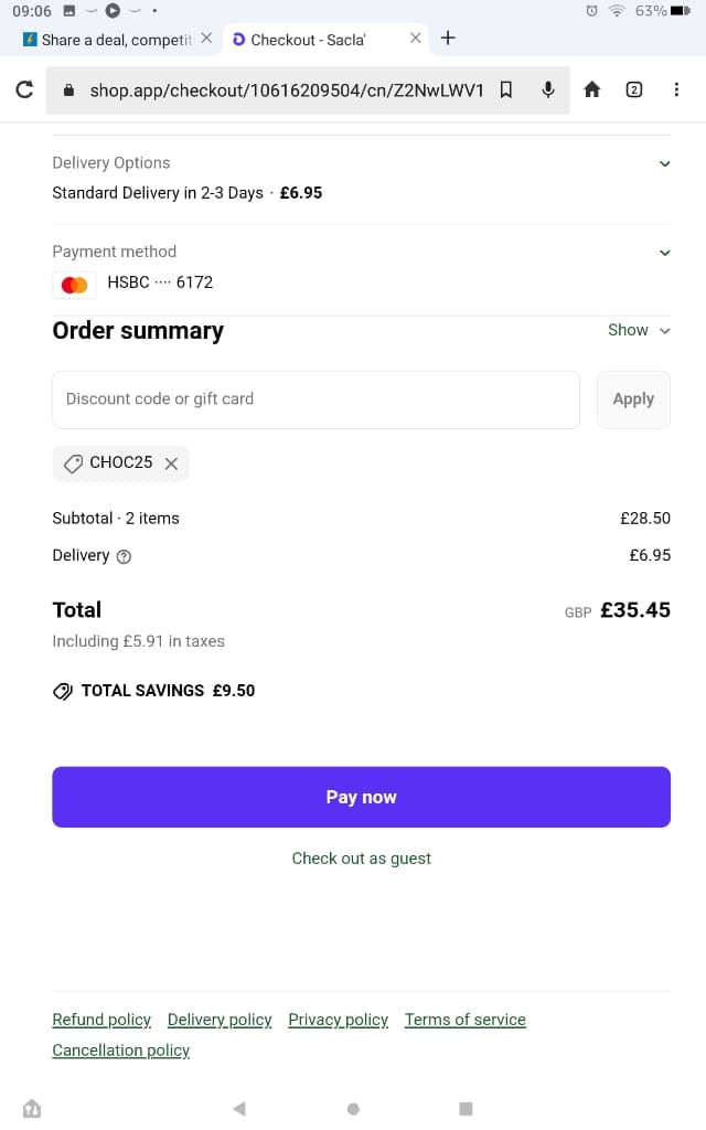 Screenshot of the Sacla discount code working