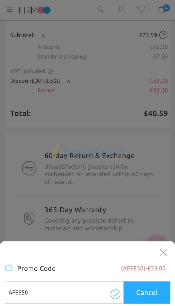Screenshot of the Firmoo discount code working