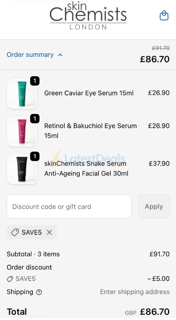 Screenshot of the skinChemists discount code working