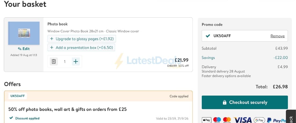 Screenshot of the Photobox discount code working