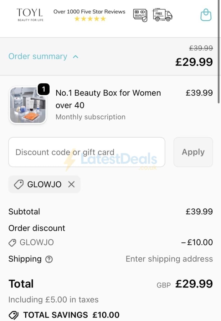 Screenshot of the Toyl discount code working