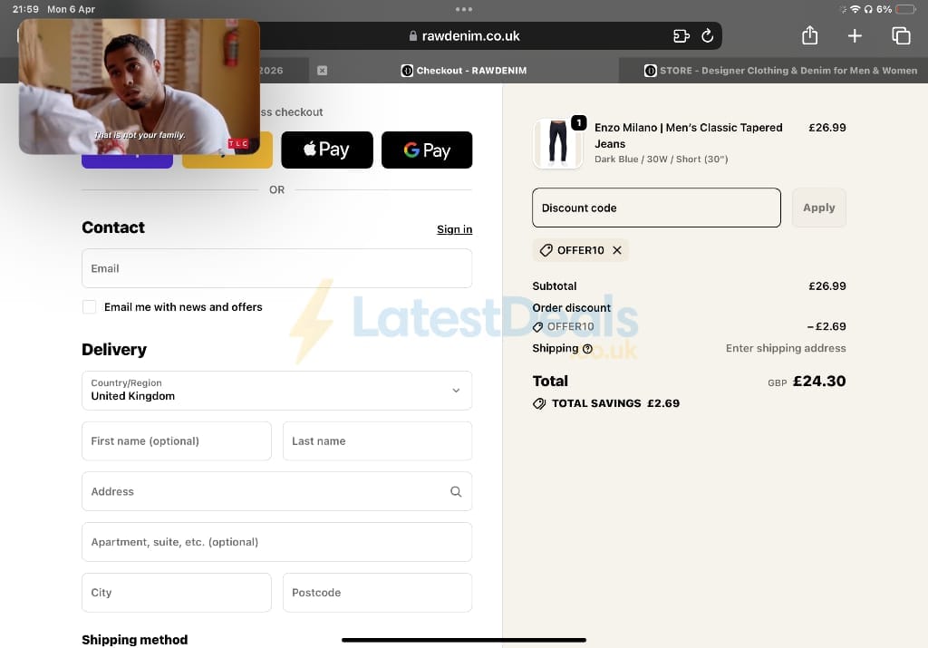 Screenshot of the Raw Denim discount code working