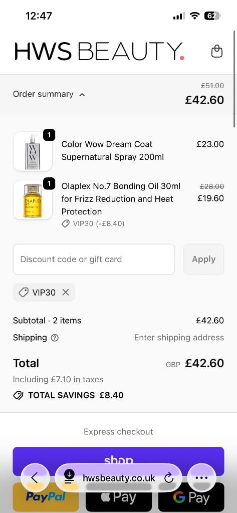 Screenshot of the HWS Beauty discount code working