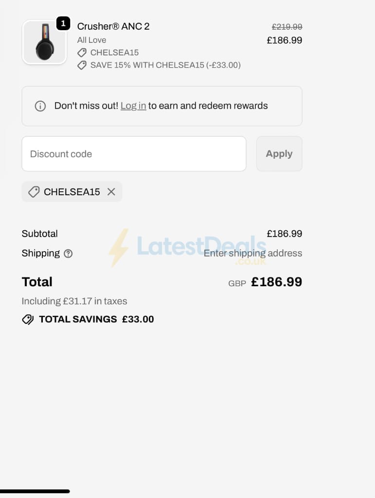 Screenshot of the Skullcandy discount code working