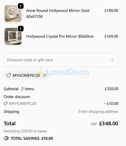 Screenshot of the Hollywood Mirrors discount code working
