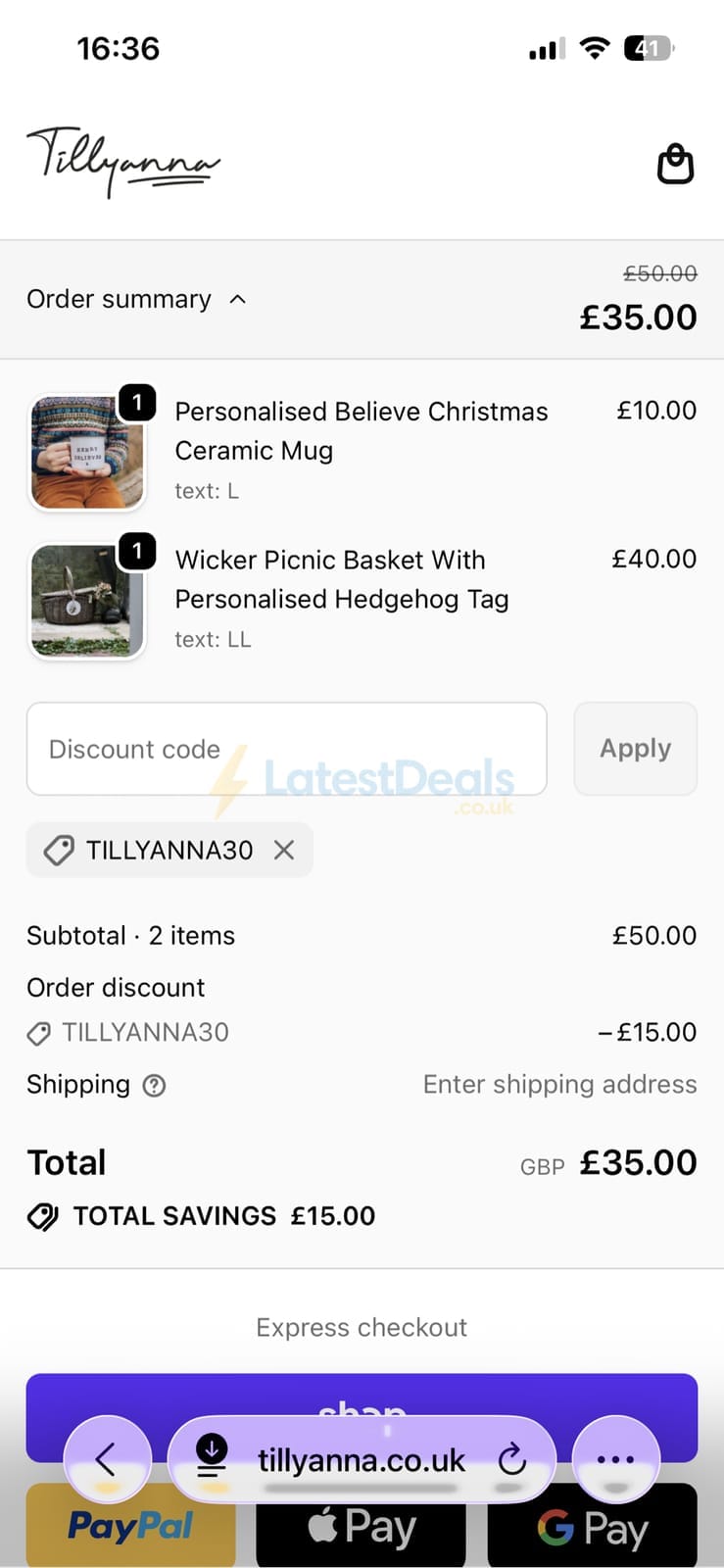 Screenshot of the Tillyanna discount code working