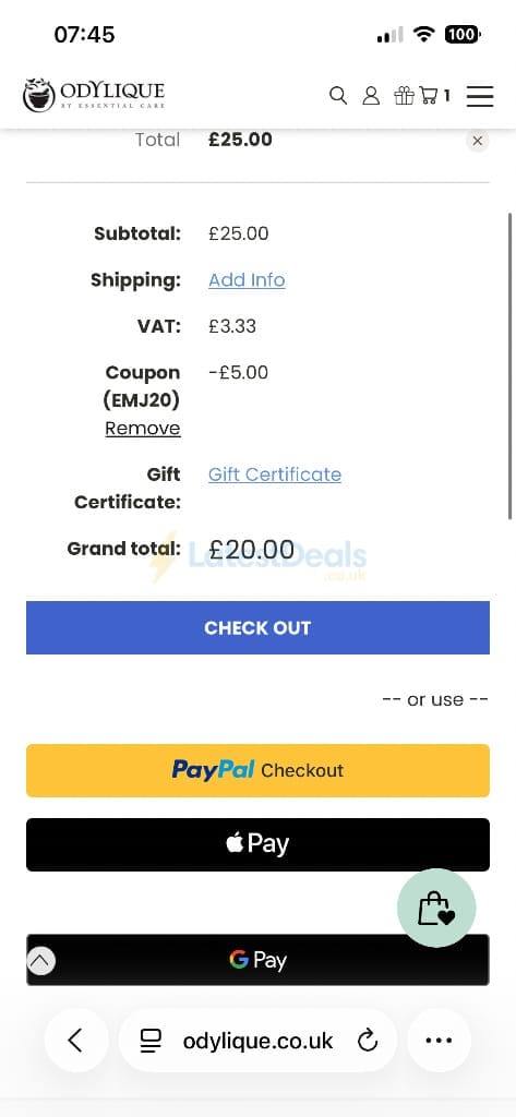 Screenshot of the Odylique discount code working