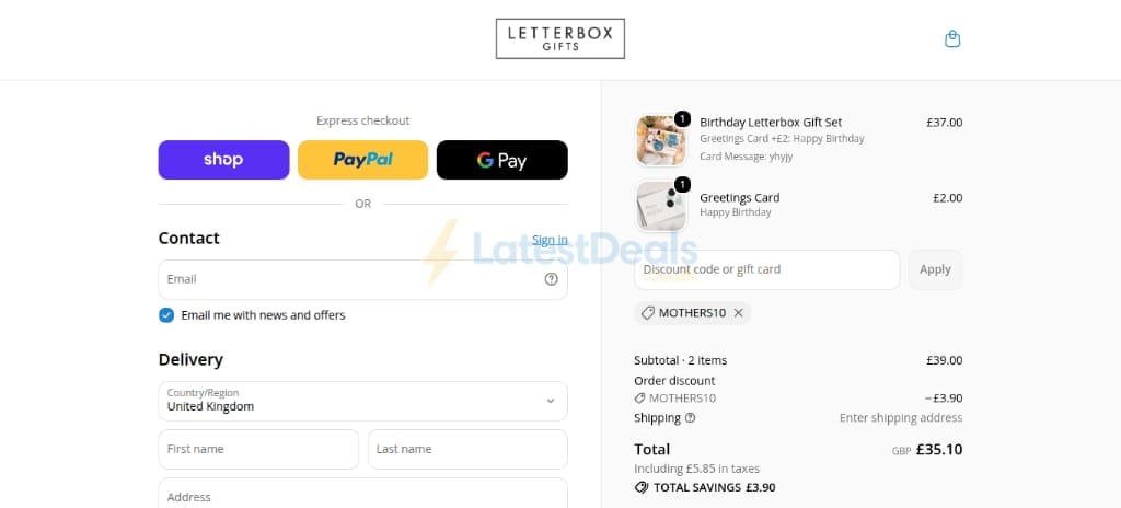 Screenshot of the Letterbox Gifts discount code working