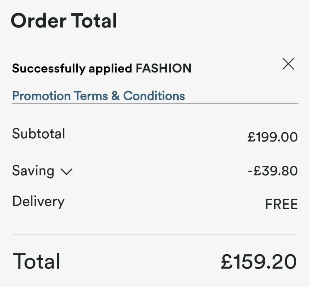 Screenshot of the H Samuel discount code working
