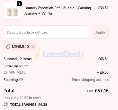 Screenshot of the Miniml discount code working