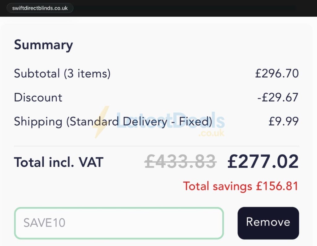 Screenshot of the Swift Direct Blinds discount code working