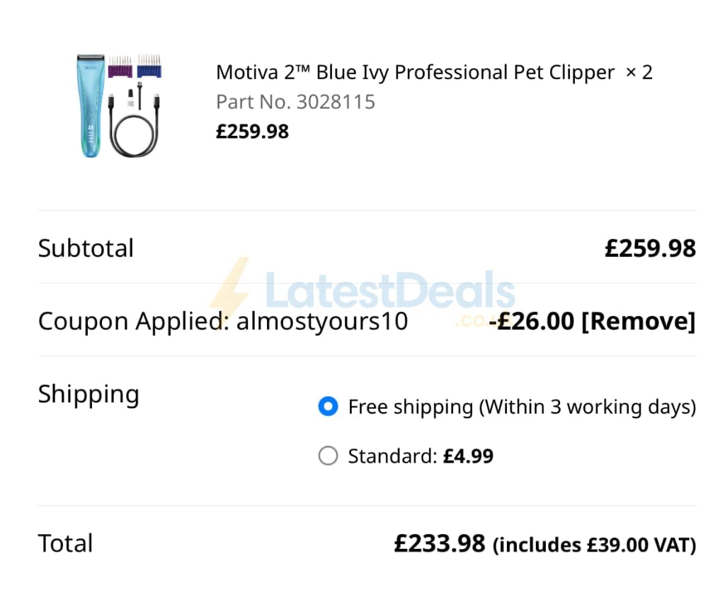 Screenshot of the Wahl discount code working