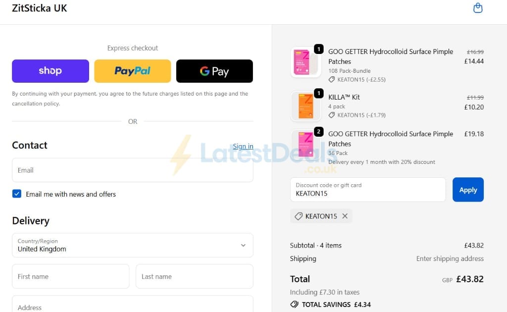 Screenshot of the Zitsticka discount code working