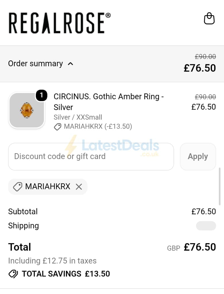 Screenshot of the REGALROSE discount code working