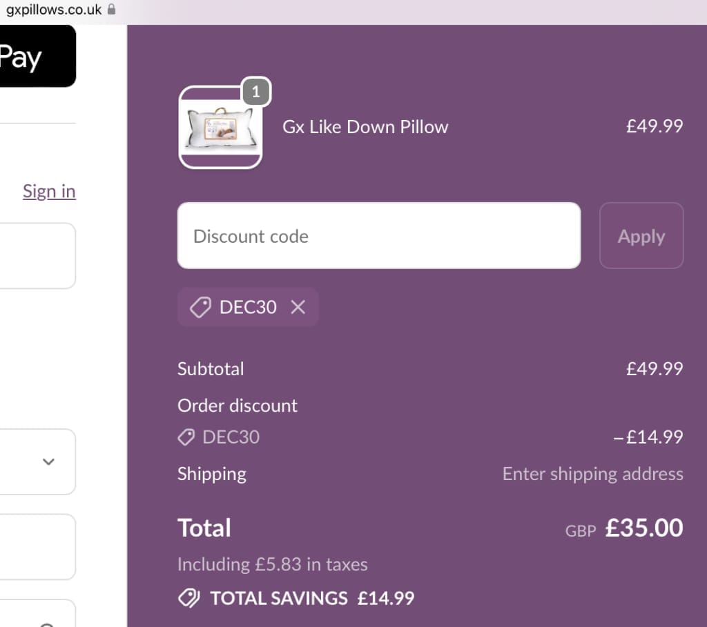Screenshot of the Gx Pillows discount code working