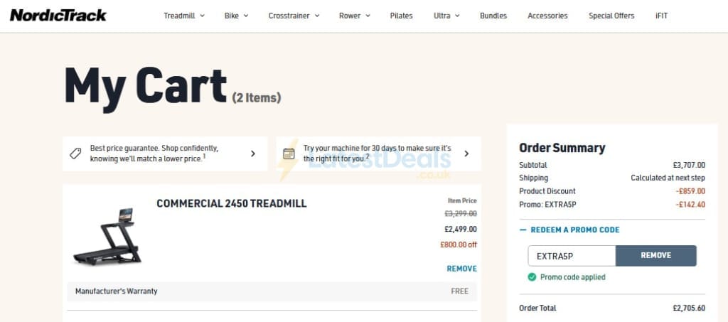 Screenshot of the NordicTrack discount code working