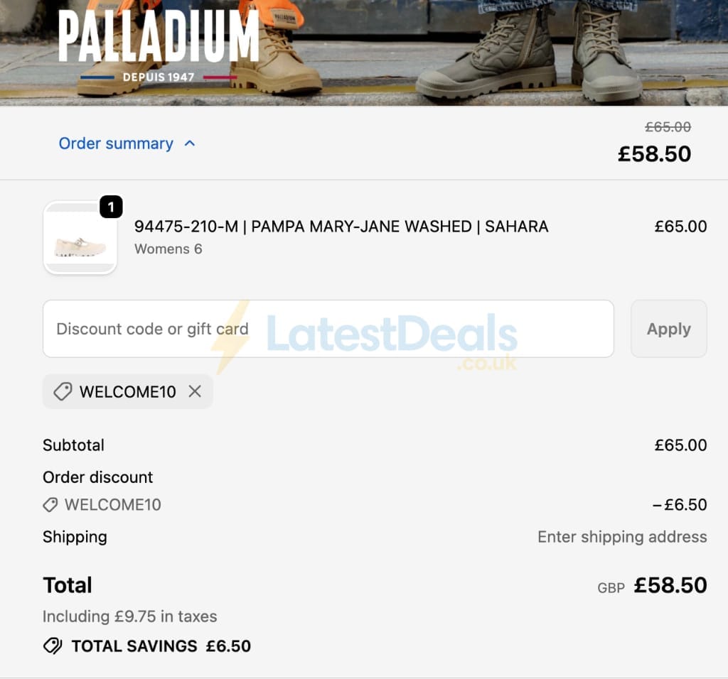 Screenshot of the Palladium Boots discount code working