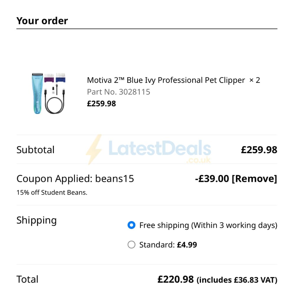Screenshot of the Wahl discount code working