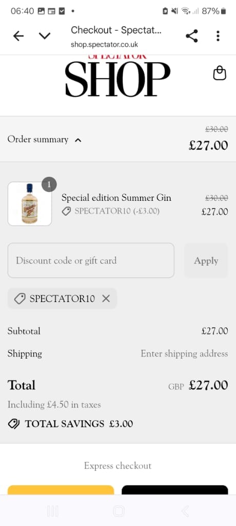 Screenshot of the Spectator discount code working