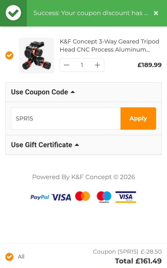 Screenshot of the K&F Concept discount code working