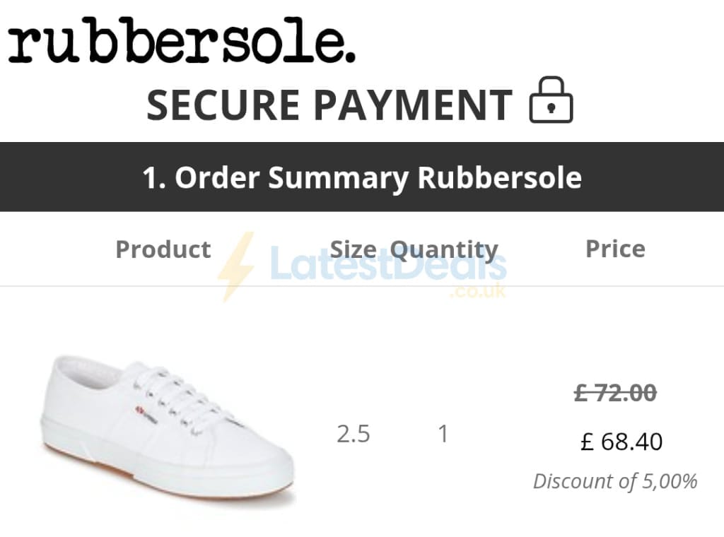 Screenshot of the Rubber Sole discount code working