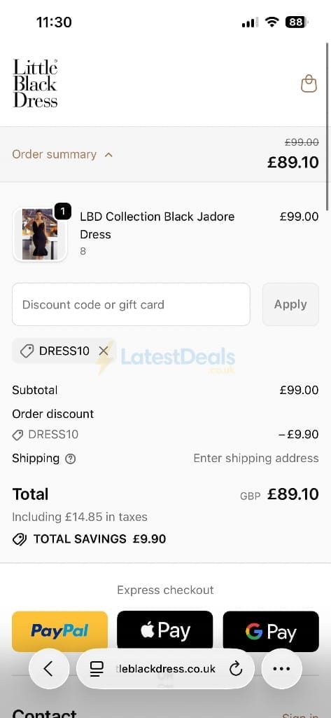 Screenshot of the Little Black Dress discount code working