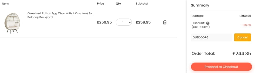 Screenshot of the Costway discount code working