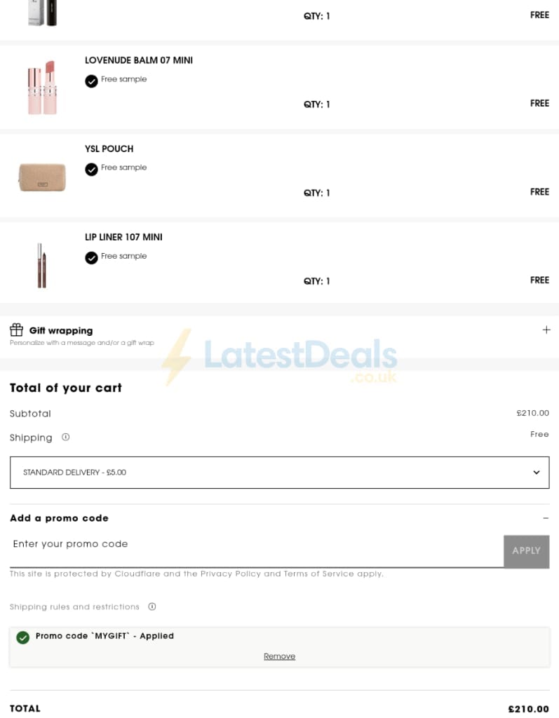 Screenshot of the Yves Saint Laurent discount code working