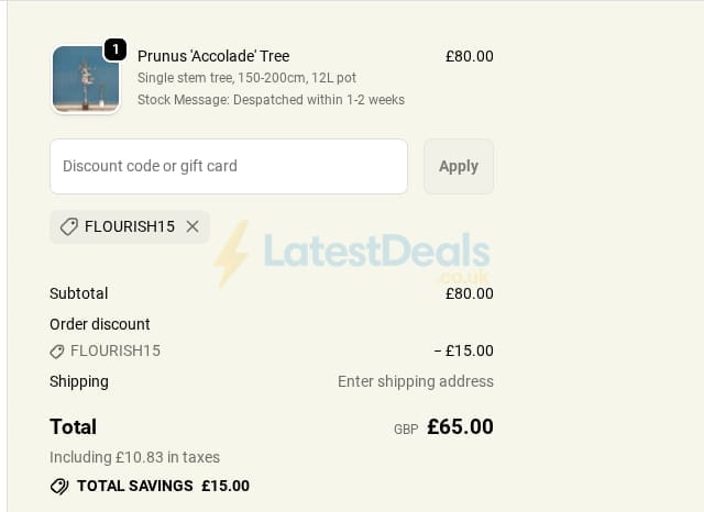 Screenshot of the Ornamental Trees discount code working
