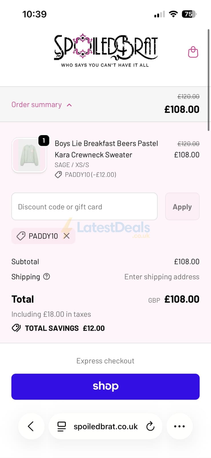 Screenshot of the Spoiled Brat discount code working