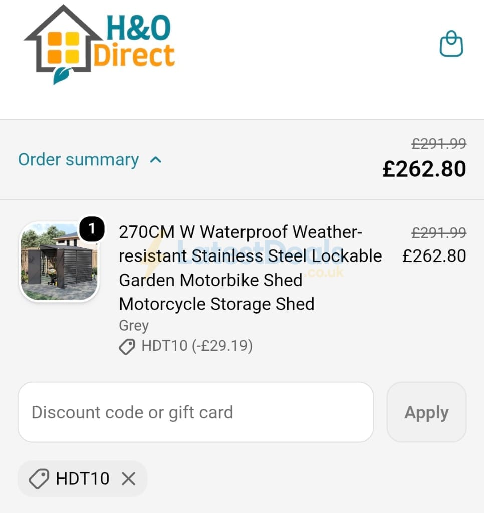 Screenshot of the H&O Direct discount code working