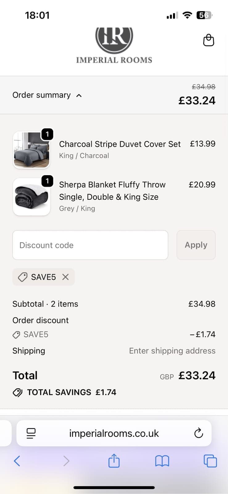 Screenshot of the Imperial Rooms discount code working