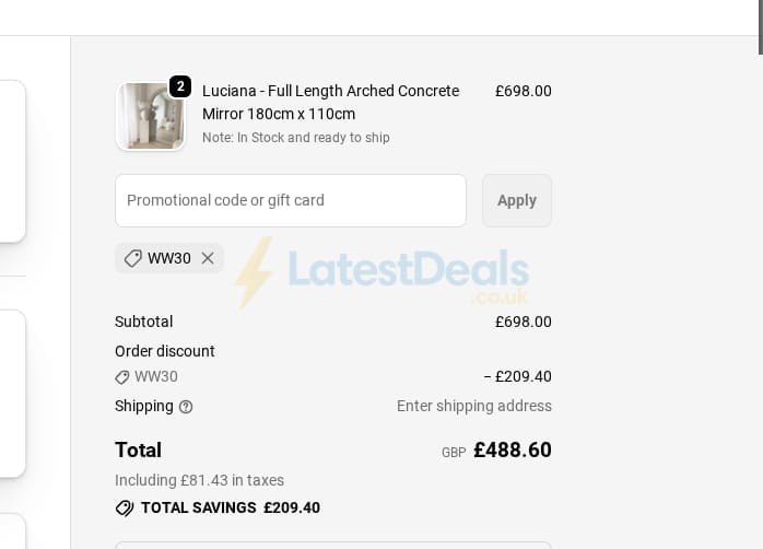 Screenshot of the William Wood Mirrors discount code working