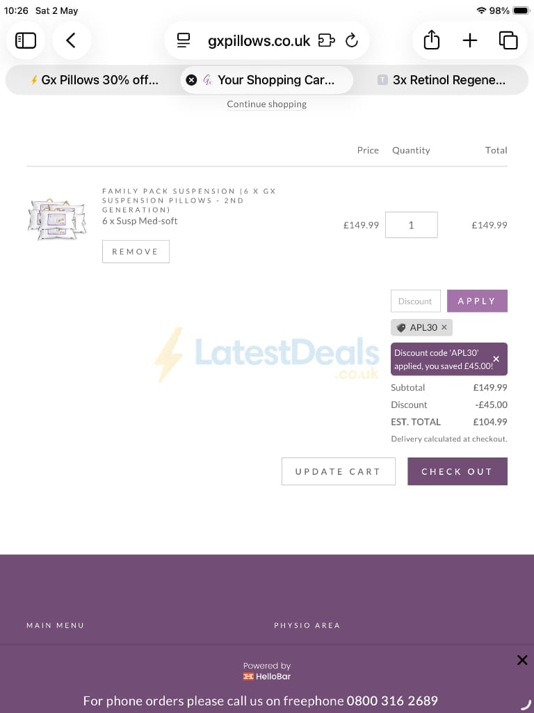 Screenshot of the Gx Pillows discount code working