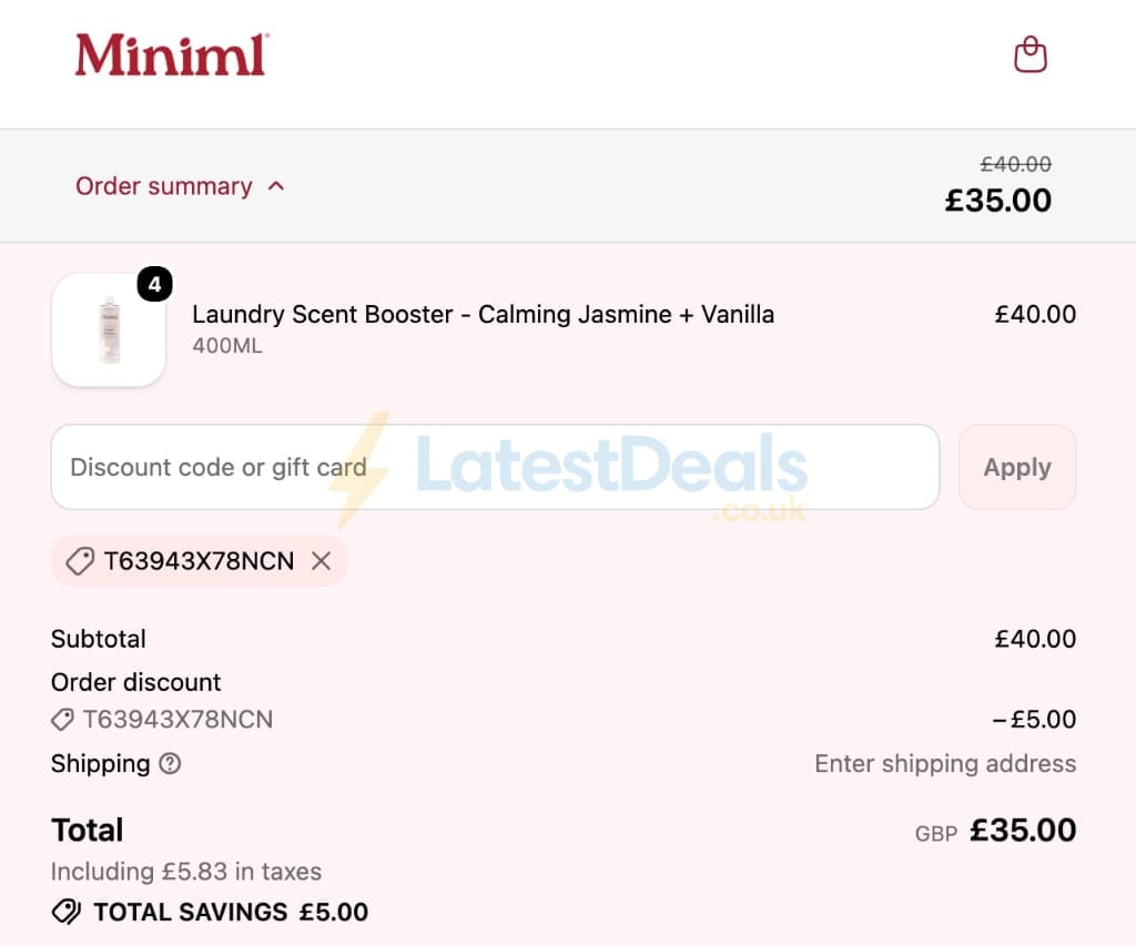 Screenshot of the Miniml discount code working
