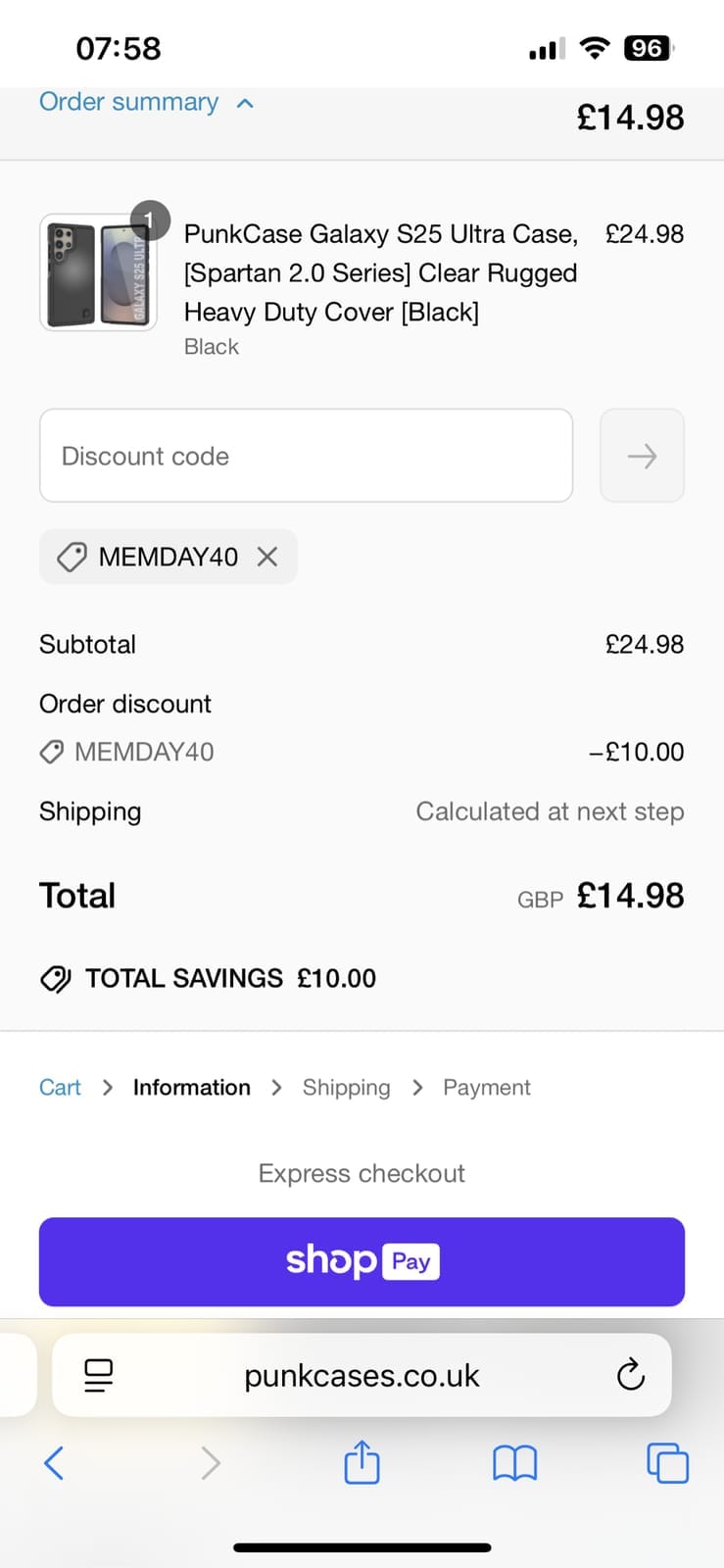 Screenshot of the Punkcases discount code working