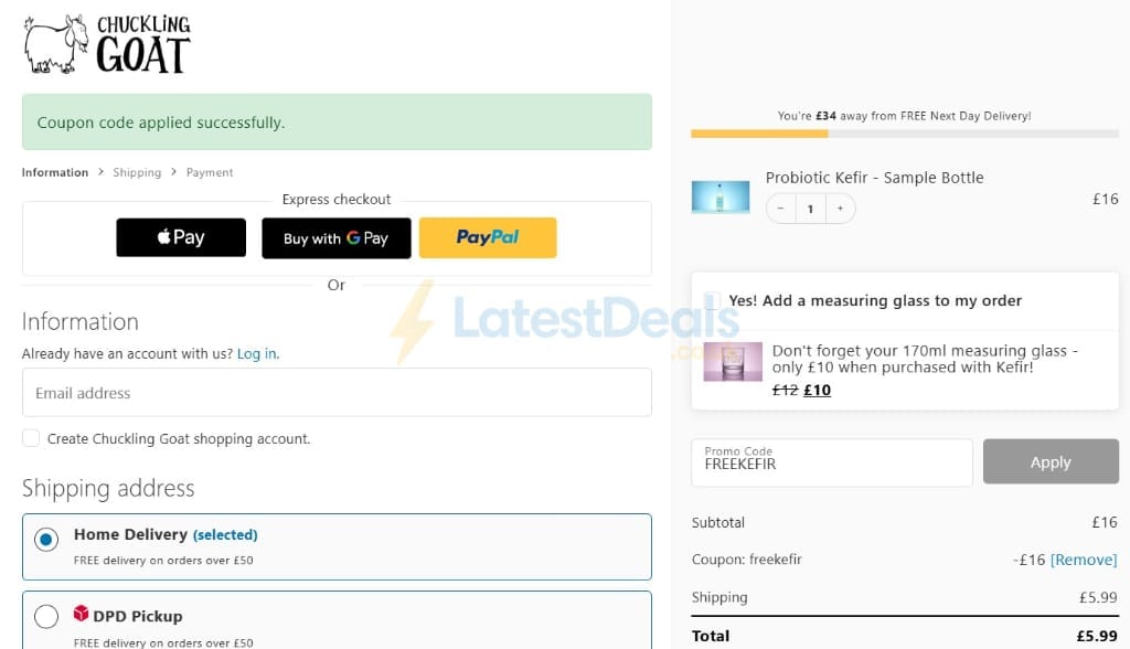 Screenshot of the Chuckling Goat discount code working