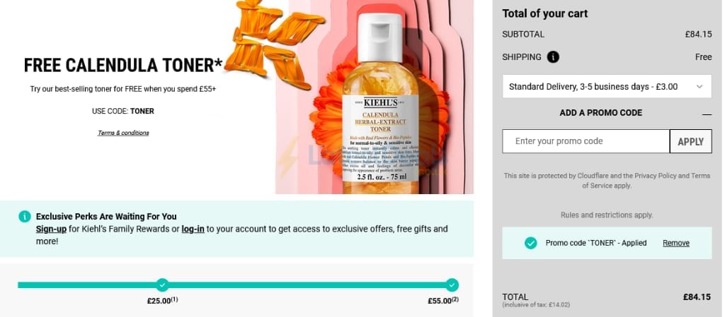 Screenshot of the Kiehl's discount code working