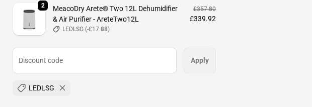 Screenshot of the Meaco Dehumidifiers discount code working