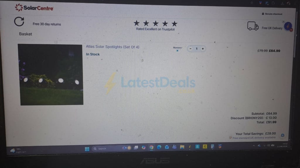 Screenshot of the Solar Centre discount code working