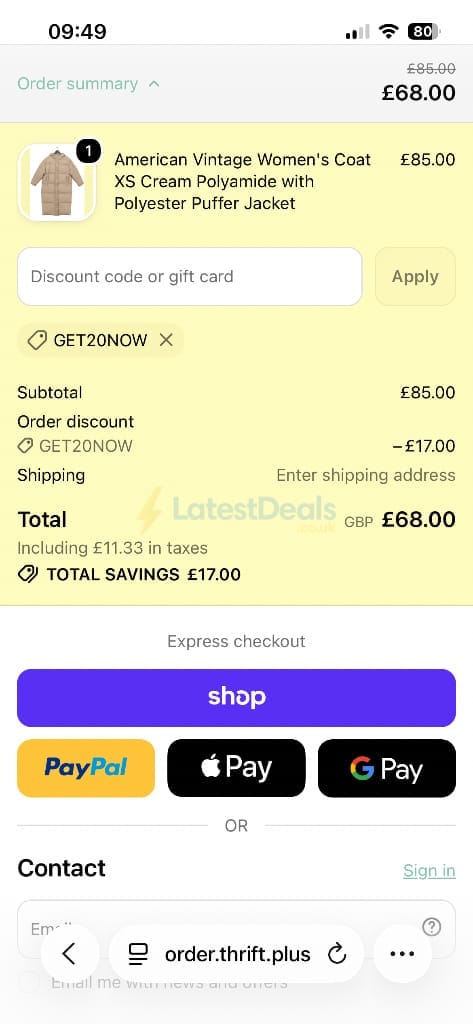 Screenshot of the Thrift+ discount code working