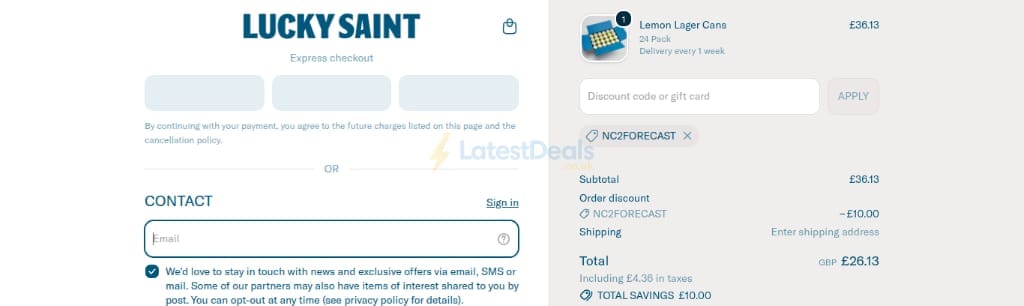 Screenshot of the Lucky Saint discount code working
