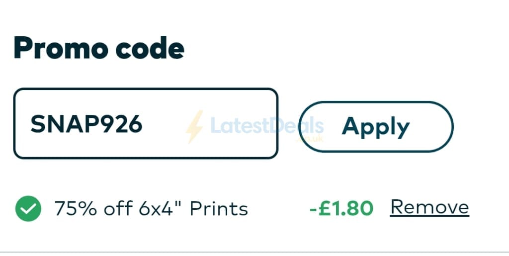 Screenshot of the Snapfish discount code working